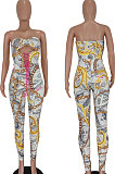 White Women Trendy Printing Strapless Tied Holow Out Bodycon Jumpsuits BYQ1006
