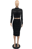Black Elastic Ruffle Long Sleeve Half High Neck Blouse High Waist Long Skirts Pure Color Two-Piece YYF8235-2