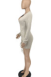 Apricot Women Pure Color V Neck Shirred Detail Long Sleeve Casual Sexy Mini Dress AFM60025-1