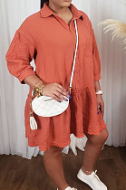 Orange Casual Half Sleeve Lapel Neck Solid Colur Loose Midi Dress ORY5200