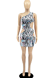 Blue Night Club Printing Sleeveless Oblique Shoulder Hollow Out Mini Dress DR8101-3