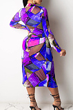 Blue Night Club Tie Dye Printing Long Sleeve Round Neck Bandage Slit Dress YMT6230-3