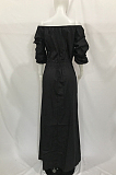Black Summer A Word Shoulder Half Sleeve Solid Color Slit Long Dress L0268-2