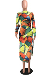 Yellow Night Club Tie Dye Printing Long Sleeve Round Neck Bandage Slit Dress YMT6230-1
