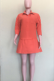 Orange Casual Half Sleeve Lapel Neck Solid Colur Loose Midi Dress ORY5200