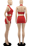 Red New Halter Neck Backless Hollow Out Solid Color Slim Fitting Mini Dress DR8104-2