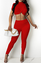 Red Personality Pure Color Short Sleeve Rond Neck Crop Top Bodycon Pants Two-Piece DR8093-2