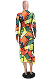 Yellow Night Club Tie Dye Printing Long Sleeve Round Neck Bandage Slit Dress YMT6230-1