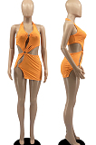 Orange New Halter Neck Backless Hollow Out Solid Color Slim Fitting Mini Dress DR8104-4