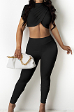 Red Personality Pure Color Short Sleeve Rond Neck Crop Top Bodycon Pants Two-Piece DR8093-2