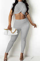 Grey Personality Pure Color Short Sleeve Rond Neck Crop Top Bodycon Pants Two-Piece DR8093-3
