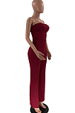 Wine Red Sexy Tight Strapless Collcet Waist Solid Color Wide Leg Jumpsuits LM88813-2