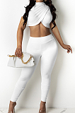 Grey Personality Pure Color Short Sleeve Rond Neck Crop Top Bodycon Pants Two-Piece DR8093-3