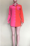 Red Fashion Spliced Long Sleeve Lapel Collar Single-Breasted Shirt Dress ORY5202