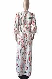 White Elegant Printing Puff Sleeve V Neck Collcet Waist Slit Long Dress L0357-1
