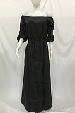 Black Summer A Word Shoulder Half Sleeve Solid Color Slit Long Dress L0268-2