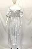White Summer A Word Shoulder Half Sleeve Solid Color Slit Long Dress L0268-1