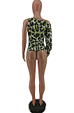 Green Casual Odlique Shoulder One Sleeve Leopard Print Blouse PU6091-2