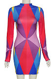 Purple Trendy Multicolor Long Sleeve Bodycon Round Neck Mid Waist Mini Dress DLS03274-1