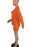 Orange Women Long Sleeve Letters Printing Round Neck Casual Shorts Sets AYQ5143-1