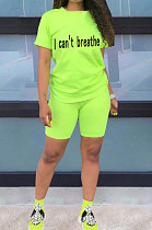 Neon Green Women Pure Color Letters Printing Fashion Short Sleeve Shorts Sets AYQ5136-3