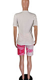 Pink Casual Printing Short Sleeve Shorts Sets AYQ5139-1