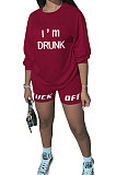Wine Red Women Long Sleeve Letters Printing Round Neck Casual Shorts Sets AYQ5143-2