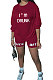 Wine Red Women Long Sleeve Letters Printing Round Neck Casual Shorts Sets AYQ5143-2