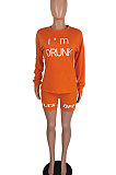 Orange Women Long Sleeve Letters Printing Round Neck Casual Shorts Sets AYQ5143-1