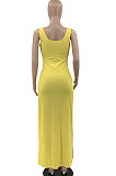 Yellow Euramerican Women Sexy Zipper Low Bosom Lower Hem Split Long Dress AYQ06002-1