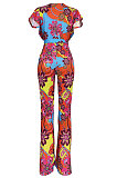 Printing Fashion Vintage Short Sleeve Loose Casual Wide Leg Jumpsuits BYQ1011 