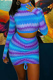 Blue Women Multicolor Pattern Long Sleeve High Neck Ruffle Skirts Sets MOL112-3