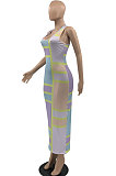 Blue Sexy Women Multicolor Spliced Printing Sleeveless Long Dress AYQ06004-3