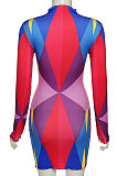 Purple Trendy Multicolor Long Sleeve Bodycon Round Neck Mid Waist Mini Dress DLS03274-1