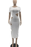 White Women Sexy Sleeveless Hole Sexy Ribber Solid Color Mid Dress AYQ06003-1