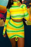 Yellow Women Multicolor Pattern Long Sleeve High Neck Ruffle Skirts Sets MOL112-1