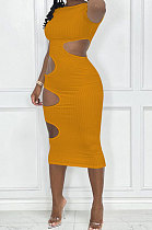 Yellow Women Sexy Sleeveless Hole Sexy Ribber Solid Color Mid Dress AYQ06003-2