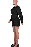 Black Women Fashion Casual Long Sleeve Shirt Solid Color Cargo Pants Romper Shorts GLS10008