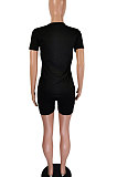 Black Casual Pure Color Letters Short Sleeve Shorts Sets AYQ5146-1