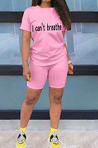 Pink Women Pure Color Letters Printing Fashion Short Sleeve Shorts Sets AYQ5136-1