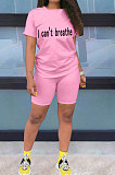 Orange Women Pure Color Letters Printing Fashion Short Sleeve Shorts Sets AYQ5136-2