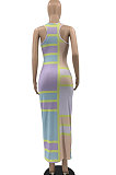 Blue Sexy Women Multicolor Spliced Printing Sleeveless Long Dress AYQ06004-3