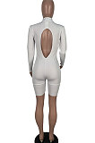 White Euramerican Women Solid Color Long Sleeve Tight Sexy Hollow Out Backless Elastic Romper Shorts MOL122