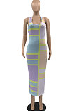 Light Blue Sexy Women Multicolor Spliced Printing Sleeveless Long Dress AYQ06004-1