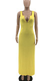 Yellow Euramerican Women Sexy Zipper Low Bosom Lower Hem Split Long Dress AYQ06002-1