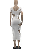 White Women Sexy Sleeveless Hole Sexy Ribber Solid Color Mid Dress AYQ06003-1