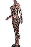 Leopard Drawsting Foldding A Word Shoulder Hollow Out Long Sleeve Bodycon Jumpsuits JZH8076
