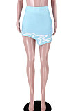 Blue Plaid Club Suit Sexy Ribber Printing Irregular Skirts GL6398-8
