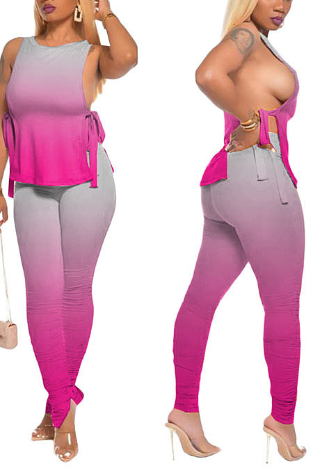 Pink Women Casual Sleeveless Tied Gradual Change Pants Sets AYQ8003-1