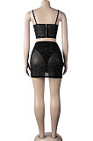 Black Fashion Sexy Condole Belt Hot Drilling Deep V Neck Slim Fitting Irregular Skirts Sets K2148-1